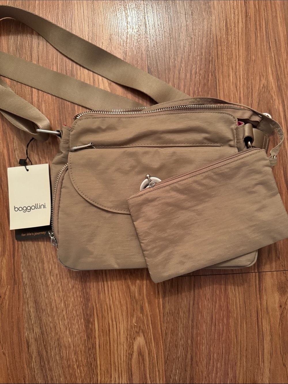 Baggallini Taupe Shoulder Messenger with Matching Pouch